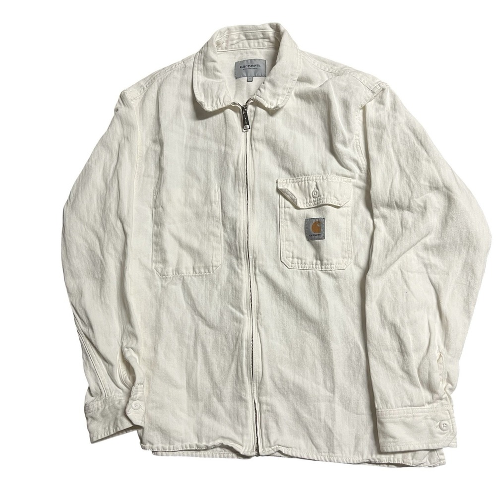 Carhartt WIP Rainer Shirt Jacket Linen Herringbone Full Zip Cream Mens L